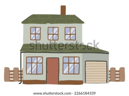 House clip art. Home facade with doors, windows, fence, garage. Lovely residential building. Modern flat vector illustration isolated on white.