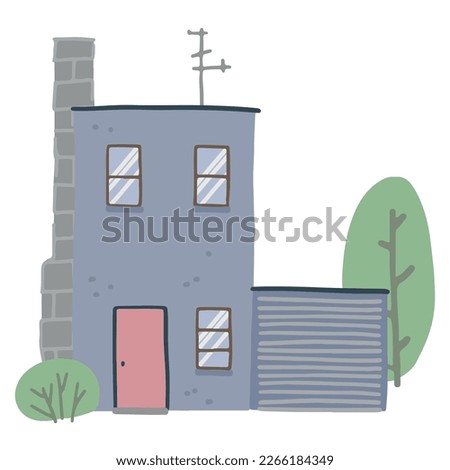 House clip art. Home facade with doors, windows, trees, garage. Lovely residential building. Modern flat vector illustration isolated on white.