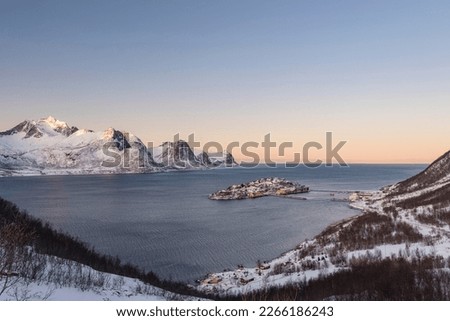 View of the fishing village Husoy, Husøy, Senja Island, Troms, Norway Royalty-Free Stock Photo #2266186243