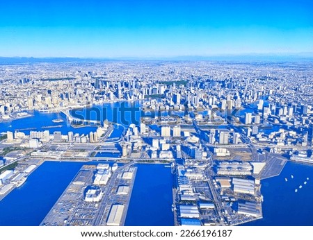 Panoramic view of central Tokyo from above Odaiba, Tokyo Bay (aerial photography)