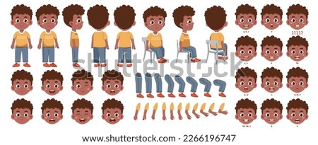 Character for animation. Set of elements for character constructor. African american boy with different emotions, postures and gestures. Cartoon flat vector collection isolated on white background