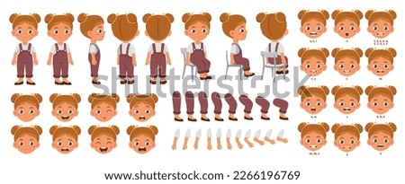 Character for animation. Little smiling preschool girl with different emotions and gestures. Various elements for character constructor. Cartoon flat vector collection isolated on white background Royalty-Free Stock Photo #2266196769