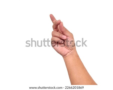 Empty hand of man snapping his fingers, voice,  picks or holding things, holding hands, paper, card, coin, calling, money, small size, large size, isolated on white background and practical concept.