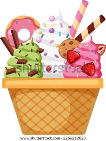 Ice cream wafer bowl with toppings illustration