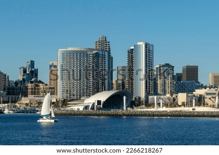 View of the San Diego skyline and marina seen from a boat passing by the marina. Royalty-Free Stock Photo #2266218267