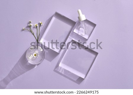 3d transparent podium with many geometric shapes display set. Copy space vector 3d rendering. Blank space to promote beauty product based on Chamomile (Matricaria chamomilla)