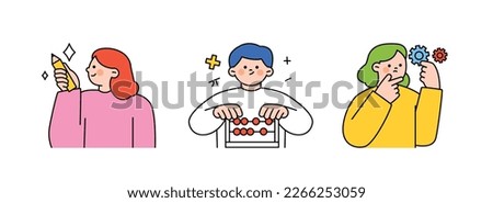 Education concept illustration. Students writing, counting on an abacus, holding gears and contemplating ideas.