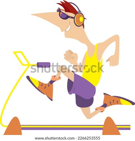 Young man running on a treadmill. Running simulator.
Cartoon man in headphones running on a treadmill. Running machine or track
