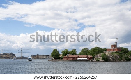 Urban landscape of  Stockholm, capital and largest city of Sweden, from Riddarfjärden, the easternmost bay of Lake Mälaren in central Stockholm. In the forefront, the citadel of Kastellet.
