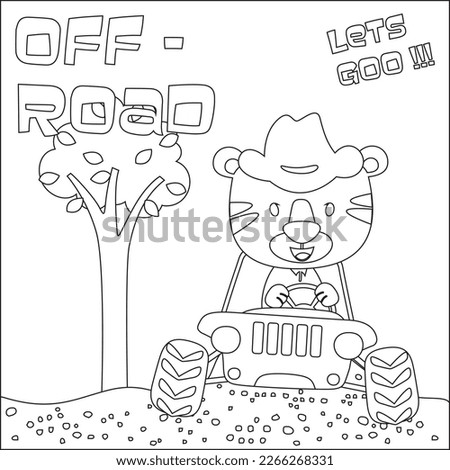 Cute tiger cartoon having fun driving off road car on sunny day. Cartoon isolated vector illustration, Creative vector Childish design for kids activity colouring book or page.