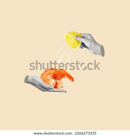 Contemporary art collage of handы holding shrimp and lemon. The concept of cooking and eating seafood. Modern design. Copy space. Royalty-Free Stock Photo #2266273235