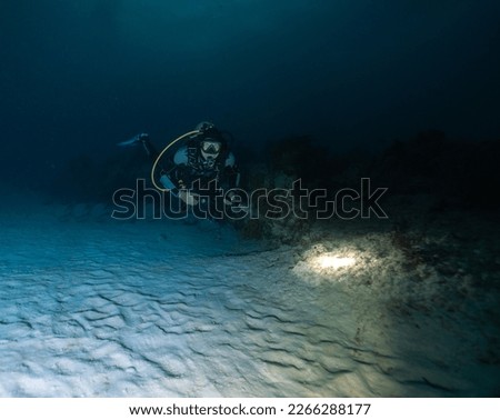 male scuba diver posing in front of coral reef in a night dive