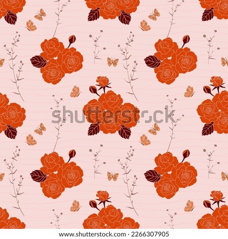 Blooming orange rose garden seamless pattern on pastel pink background,vector illustration