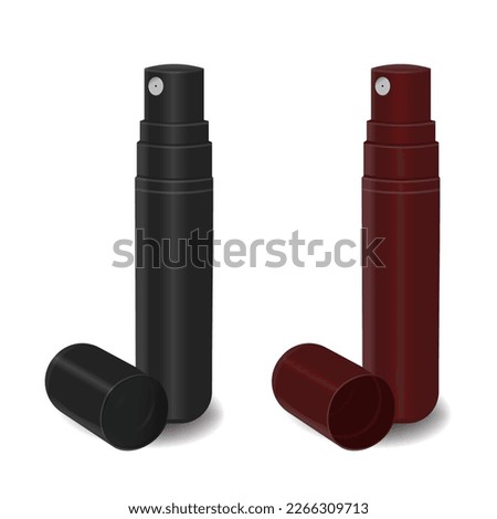 Color plastic bottle with fine mist ribbed sprayer for cosmetic, perfume, deodorant, freshener. Vector illustration.