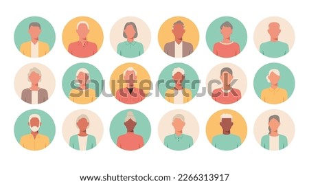 People portraits of older men and women, senior men and women faceless avatars in round isolated icon set, flat vector illustration Royalty-Free Stock Photo #2266313917