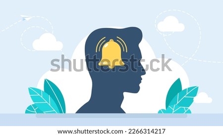 Human memory. Keep thought in head. Remember. Bell in the head. Notification bell icon for incoming inbox message. Ringing bell and notification number sign. Memorize information. Vector illustration Royalty-Free Stock Photo #2266314217