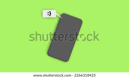 A text message containing a character emoticon. Mobile phone on a green background. View of the gadget from above. Communication between people. Smartphone. Horizontal image. 3d image. 3d rendering