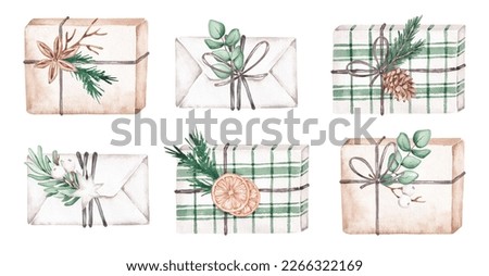 Present box set hand drawn by watercolor. Isolated on white background. Christmas organic design. Green, white, brown colours
