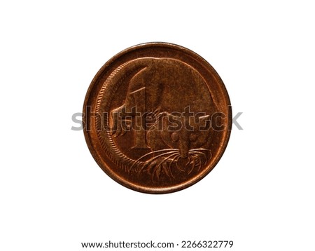 Reverse of Australia coin 1 cent with image of opossum, isolated in white background. Close up view.