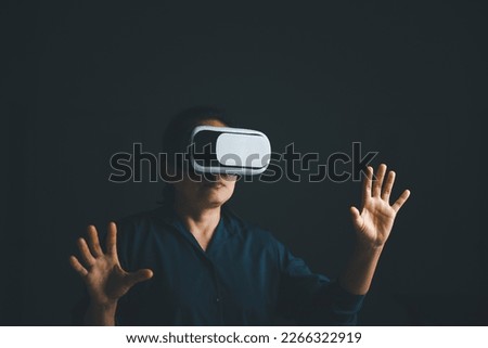 Woman with glasses of virtual reality. Future technology concept. Metaverse technology concept. VR virtual reality goggles. Futuristic lifestyle. female using virtual reality headset at home office.