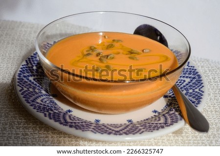 Famous vegetables cold soup from Cordoba, Andalusia salmorejo served cold in cafe for lunch as starter dish close up