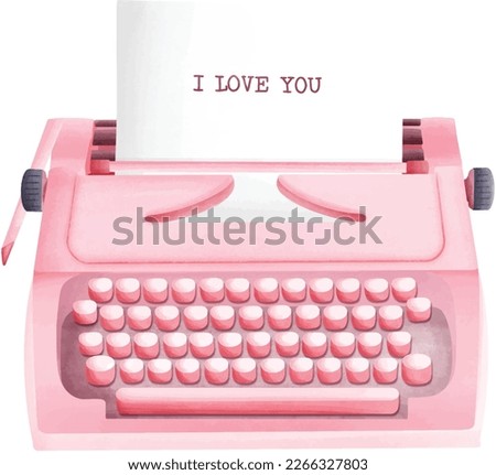 Pink Pastel Typewriter Cute Romantic Watercolor Clipart PNG. Paris In Love collection with lovely pink typewriter for romantic design element, love art, wedding watercolor illustration.