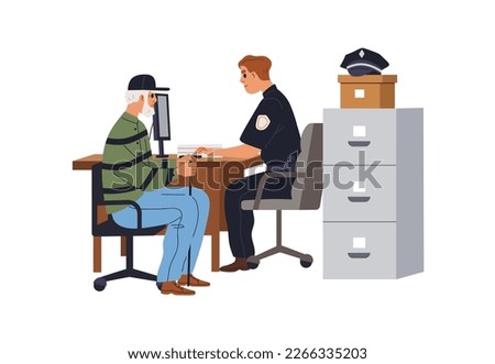 Officer and visitor at police office. Man making report, applying to policeman at desk. Cop in uniform sitting at table with victim. Flat graphic vector illustration isolated on white background Royalty-Free Stock Photo #2266335203