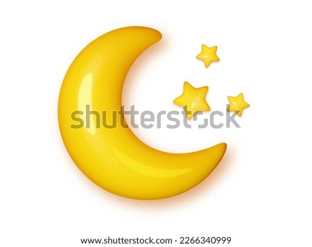 Crescent Moon glossy yellow with smooth bright stars. Concept of symbol of Muslim month of Ramadan. Realistic yellow half moon vector icon isolated