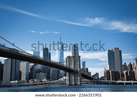 Brooklyn Bridge over the East River connecting Manhattan New York to Brooklyn USA