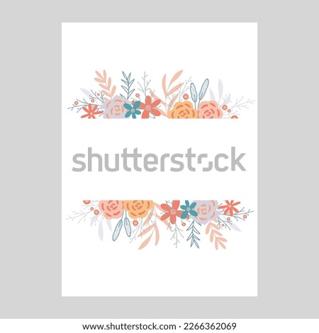 Template with floral decor. Rectangular frame with wildflowers, herbs and foliage. Blank with botanical elements for invitation, postcard, congratulation, brochure, banner and design. Spring summer