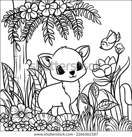 Hand-Drawn Coloring Page of Mouse Deer, Leaves, and Flowers for Digital and Print
