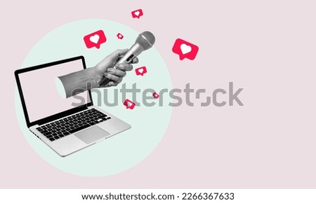 Collage art, a hand with a microphone protruding from a laptop against a pink background. Yellow press from laptop, daily news. Royalty-Free Stock Photo #2266367633