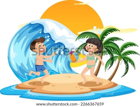 Kids enjoying summer holiday on the island illustration