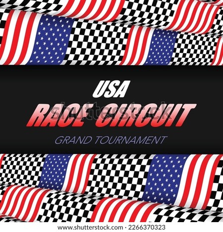 United States of America flag and race track checkered flag isolated on white and black background. Start and finish racing sport waving. Competition and poster designs