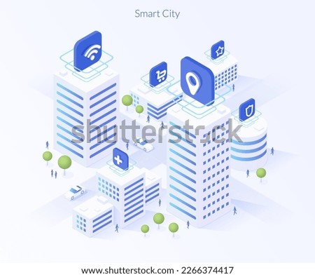 3d isometric smart city for concept design. Energy power technology iot. Global network connection. Smart industry concept with building, city. Landscape background. Vector illustration design. Royalty-Free Stock Photo #2266374417