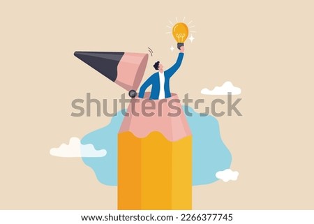 Creative idea, inspiration or imagination to think about new idea, creativity, knowledge learning or writing content concept, young creative man open pencil top discover new lightbulb idea. Royalty-Free Stock Photo #2266377745
