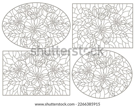 Set of contour illustrations of stained glass Windows with branches of a flowering Apple tree, dark outlines on a white background