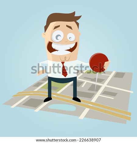 businessman with pin on city map