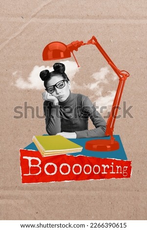 Template creative drawing collage of fatigue sleepy high school girl sitting table doing homework hate studying