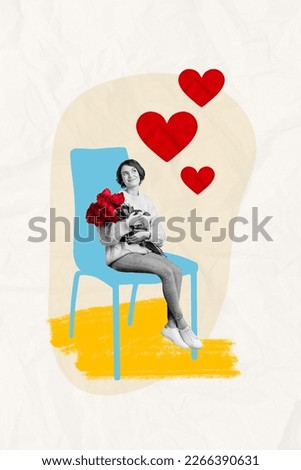 Creative postcard template collage of cute dreamy lady sit chair hold flower present love heart from secret admirer