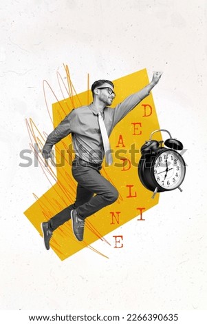 Template magazine image collage of super hero worker guy air fly workflow timer clock follow deadline time