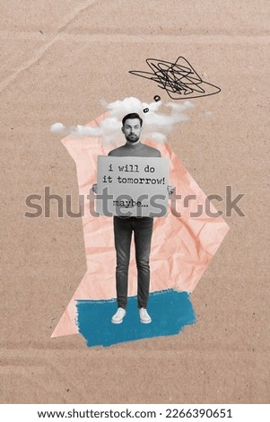 Creative magazine picture painting collage of serious tired man feel low productivity hold carton will do task tomorrow Royalty-Free Stock Photo #2266390651