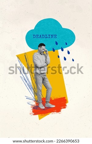 Magazine poster collage of sad worker guy suffer company success fail miss deadline low efficiency incompetent concept