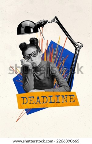Template poster banner collage of bored lazy high school girl feel tired work deadline low productivity concept