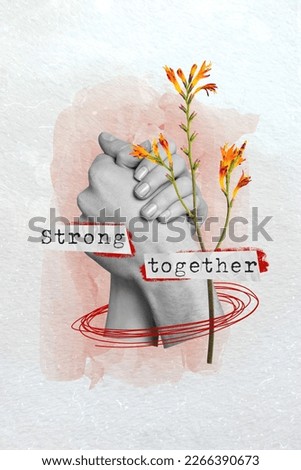 Creative picture drawing banner collage of two hands helping support unity strength togetherness concept