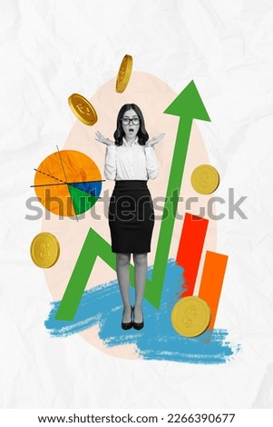 Magazine template picture collage of impressed lady worker analyze financial price cost bank development falling golden coins