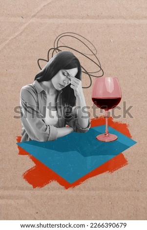 Poster magazine creative collage of sad lady sit pub table order red champagne struggle boyfriend cheating difficult work day