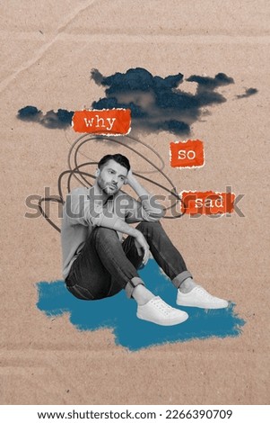 Creative banner poster picture collage of upset young guy sit floor feel sad girlfriend break job loss Royalty-Free Stock Photo #2266390709