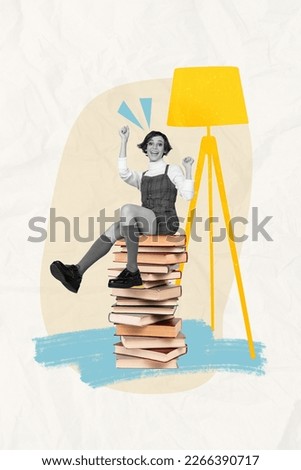 Creative picture template collage of school lady teacher sit stack book successful bookstore sale to season september discount