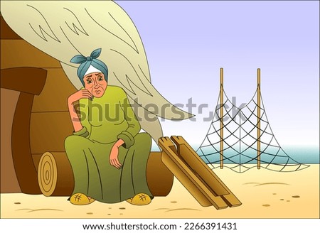 An old woman with a broken trough. Tale of the golden fish. Royalty-Free Stock Photo #2266391431